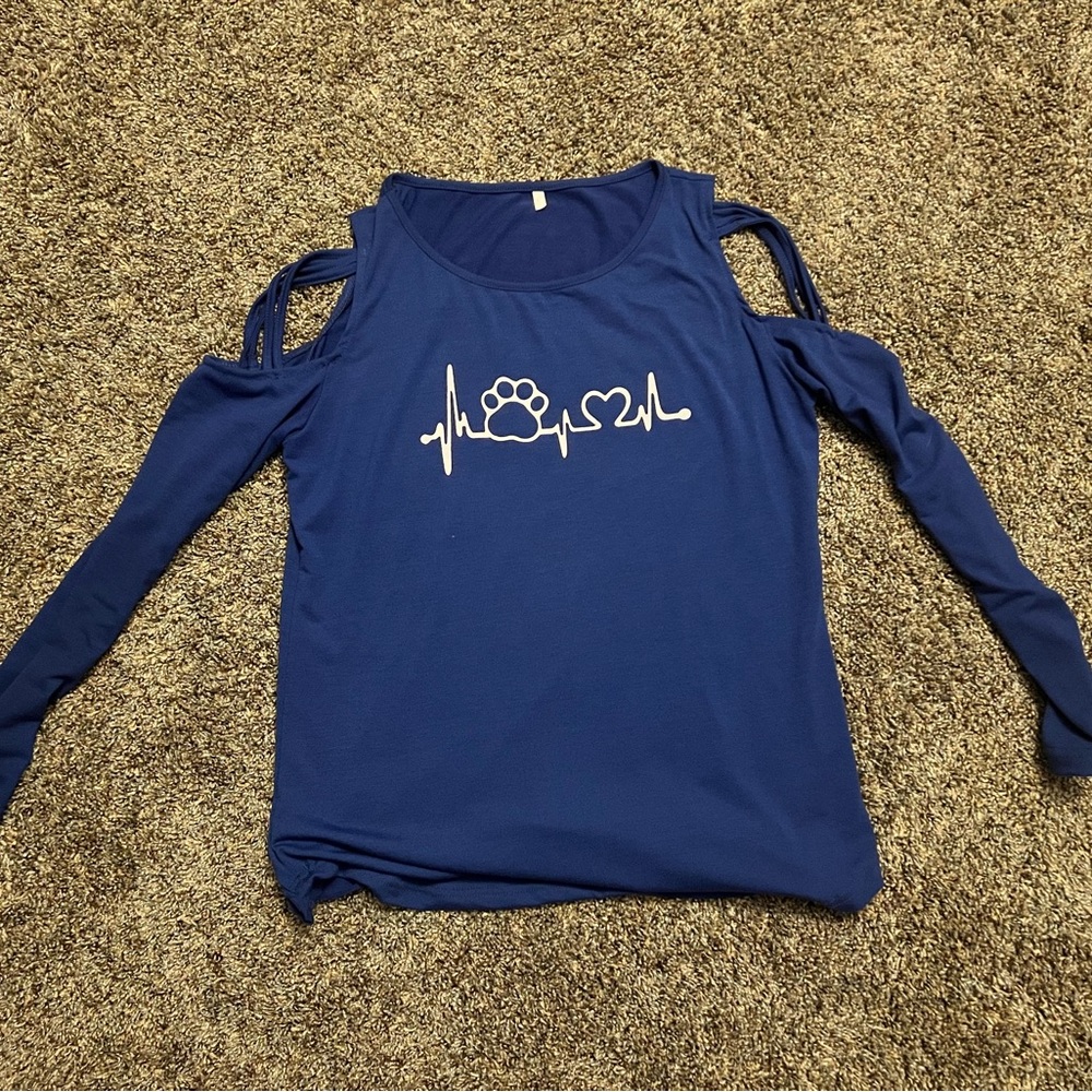 Navy Blue long sleeve Peek a Boo shoulders Tshirt Top w Heart Paw Print Design